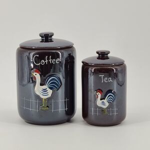 Vintage Rooster Brown Lusterware Canister Set Coffee Tea